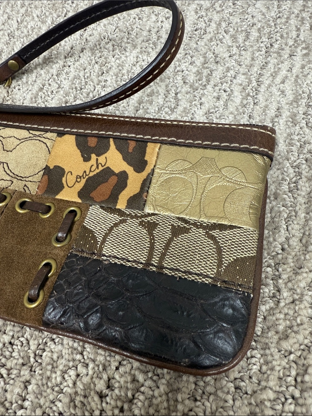 Coach Y2K Patchwork Leather & Suede Medium Wristlet in Brown and Gold Tones - Picture 2 of 10